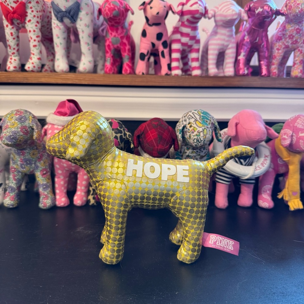 PINK Victoria's Secret Gold 'HOPE' Plush Dog Accent